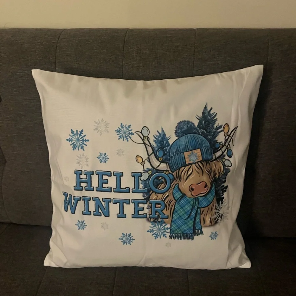 Hello Winter Holiday Pillow case with Blue and Brown Designb NWOT